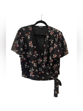 Madewell Women’s True Black Botanical Print Wrap Top Shirt Blouse Size Medium